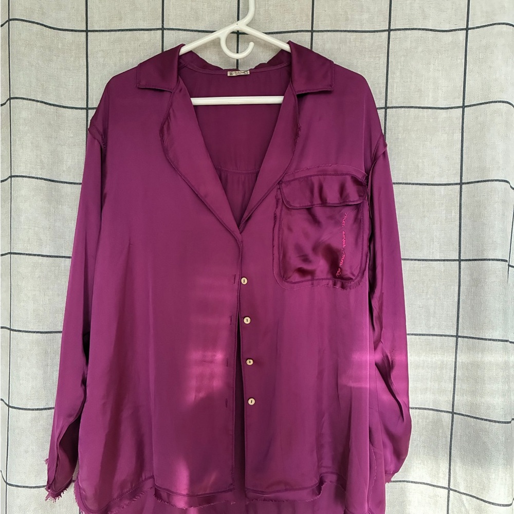 Free People Silky Satin Button-Front Shirt - Deep Berry
